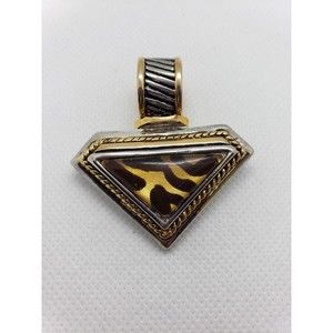 Vintage Tiger's Eye Silver and Gold Toned Triangle Shaped Pendant
